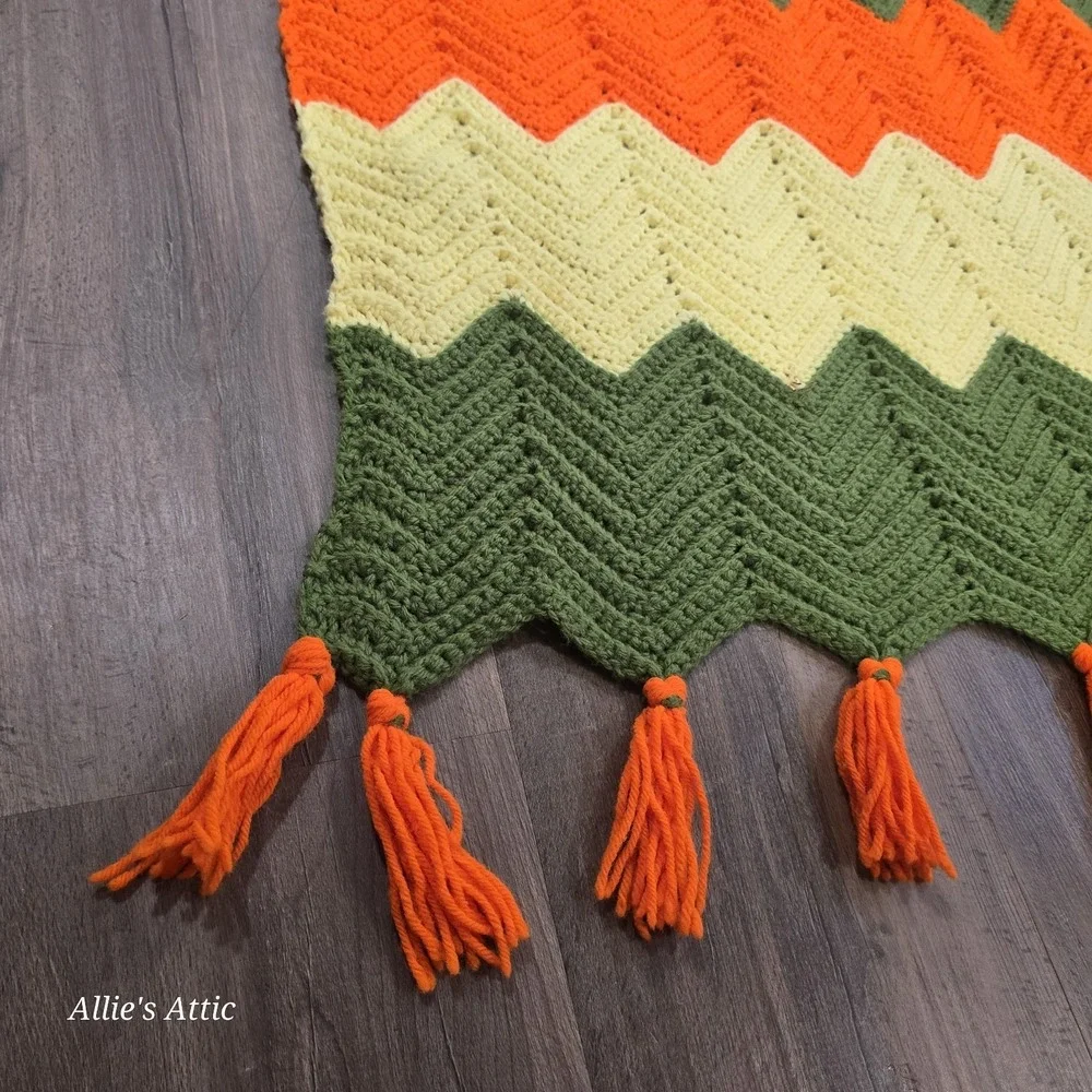 70s Chevron‎ Afghan Vintage Throw Blanket Fringe Green Orange Yellow Striped